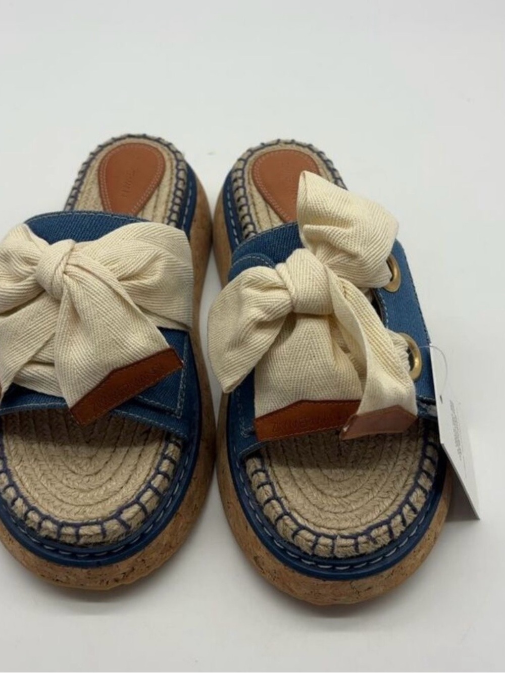 Zimmermann: Blue Canvas Slide Sandals with Cream Knot Accent